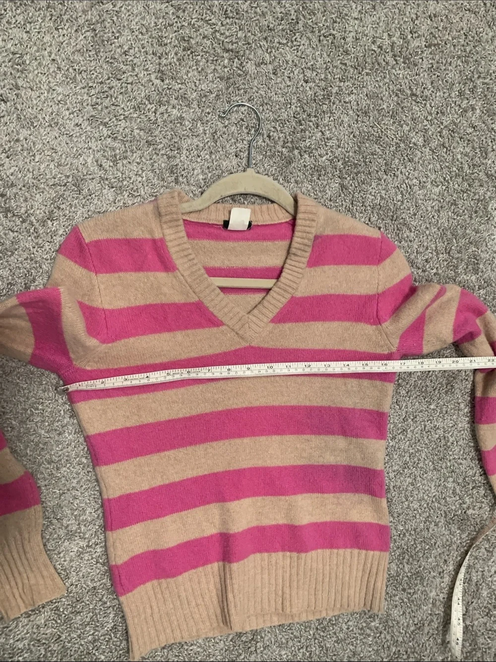 Y2K J. Crew Pink and Tan Striped V-Neck Wool Sweater